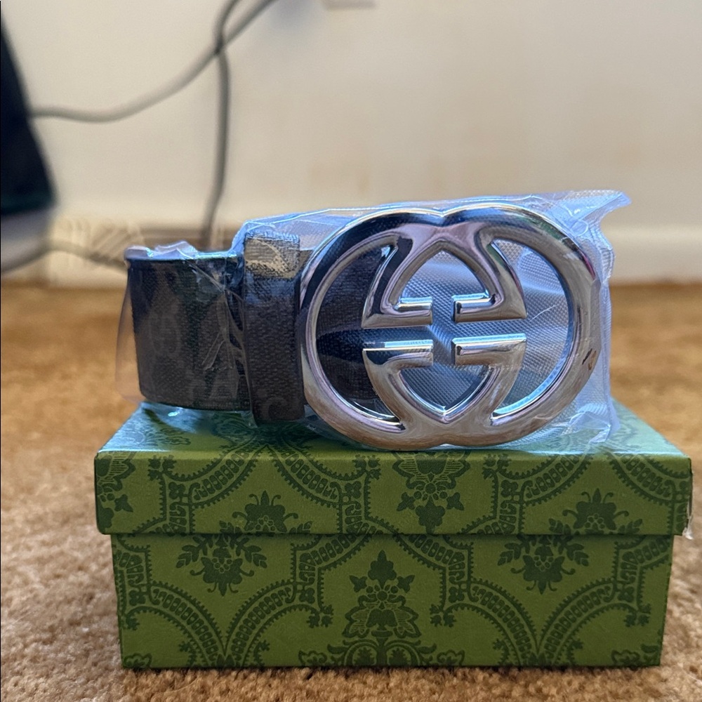 Gucci Dark Leather Belt with Silver Logo Buckle